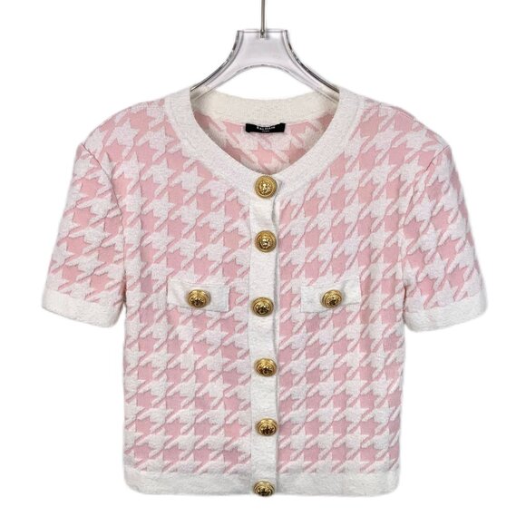 Houndstooth Pink & White Balmain Short Sleeve Cardigan With Gold Buttons - Picture 1 of 8
